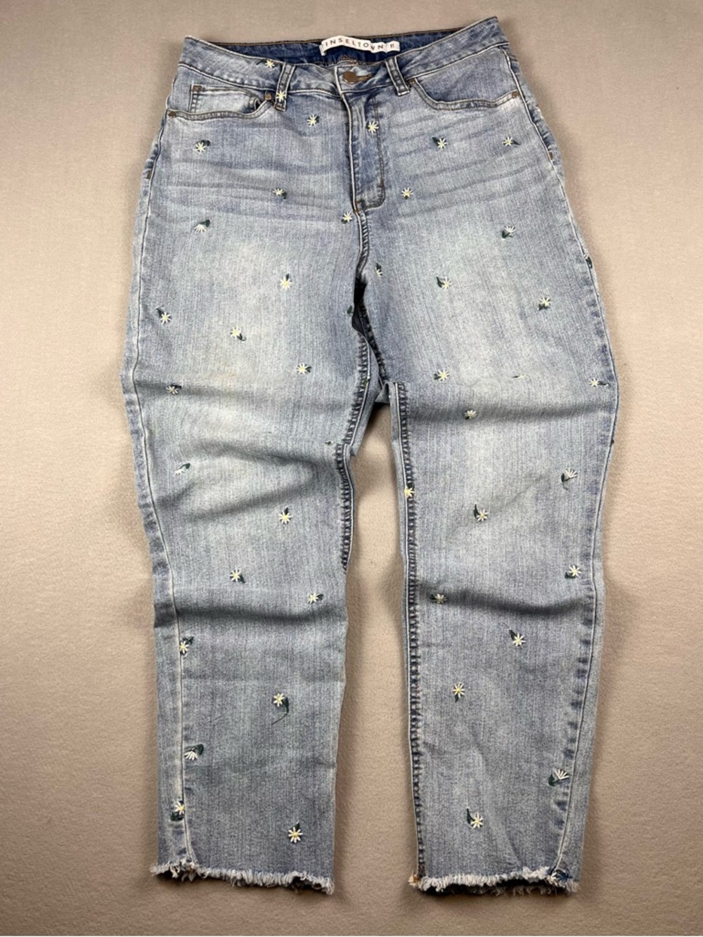Tinseltown Light Blue Straight Leg Jeans with Floral Embroidery